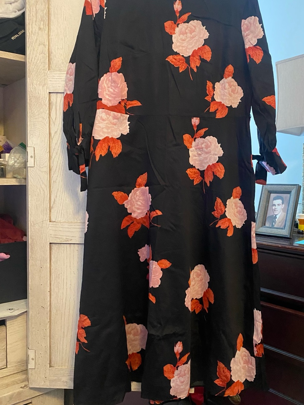 Who What Wear Black Midi Dress with Pink Roses and Orange Leaves